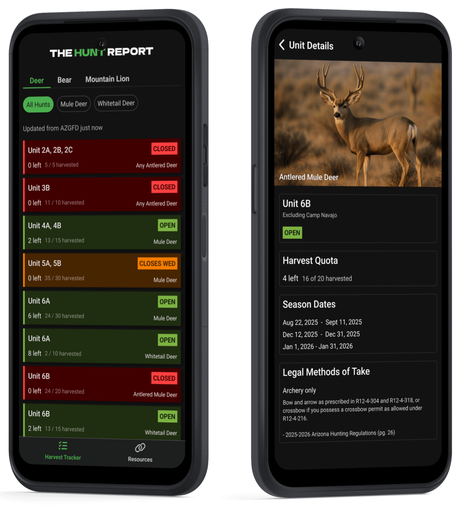 The Hunt Report - OTC Harvest Tracker Mobile App The Hunt Report - AZGFD OTC harvest limits mobile-friendly app for archery deer, black bear, and mountain lion